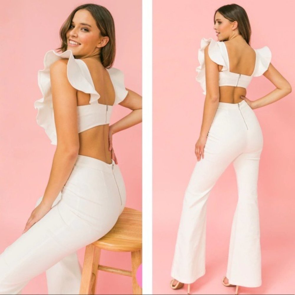 New White Denim Cut Out Jumpsuit Flare Leg Ruffle Sleeve - Picture 3 of 8
